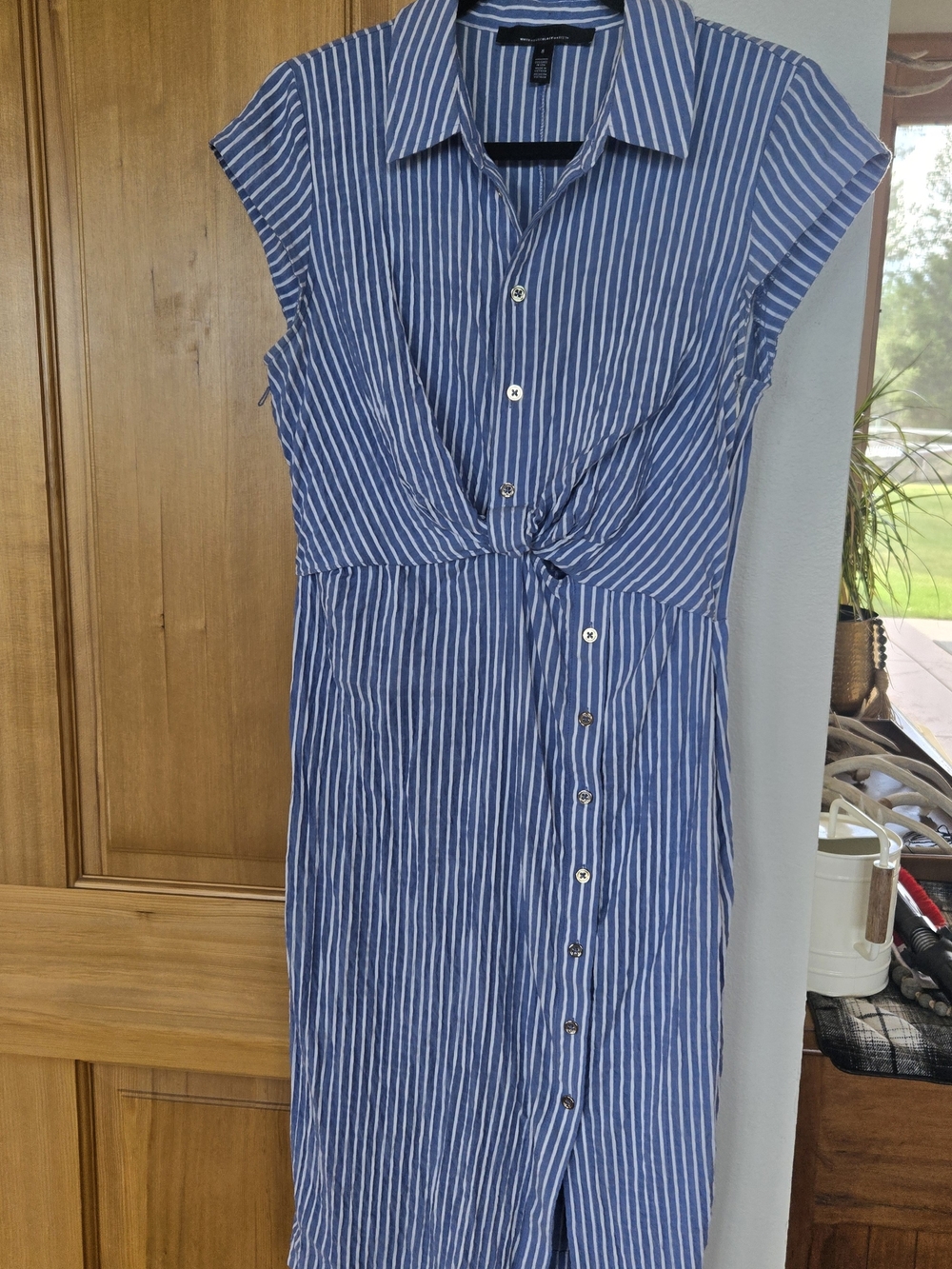 White House Black Market Blue and White Striped Midi Shirt Dress
